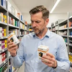 Homme comparant le prix de cartouches d'encre dans un magasin de fournitures de bureau au Luxembourg