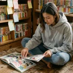 Jeune femme comparant deux versions de manga posées côte à côte dans un coin lecture cosy entouré d'étagères remplies de volumes