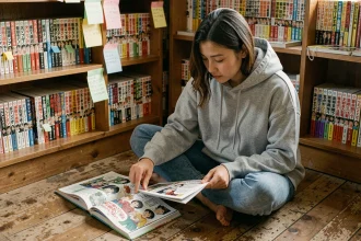 Jeune femme comparant deux versions de manga posées côte à côte dans un coin lecture cosy entouré d'étagères remplies de volumes