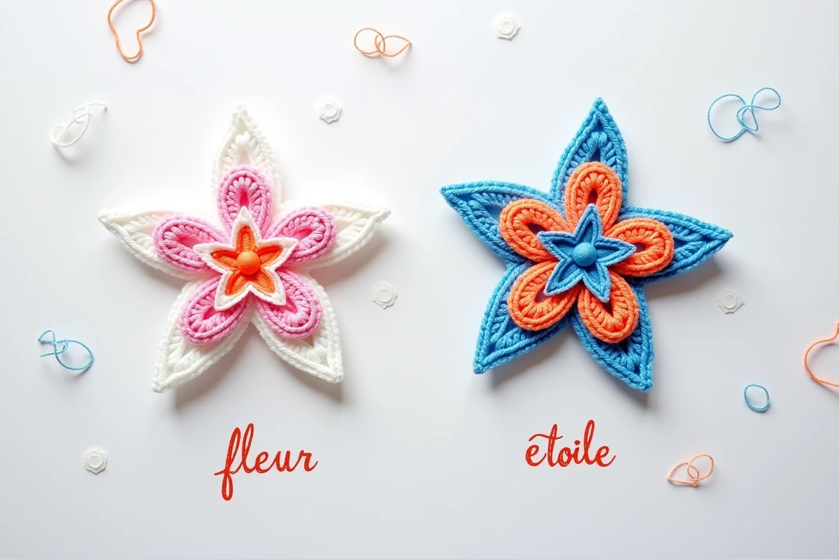 Vue de dessus de deux scoubidous finis côte à côte, un modèle fleur et un modèle étoile, sur fond de papier blanc