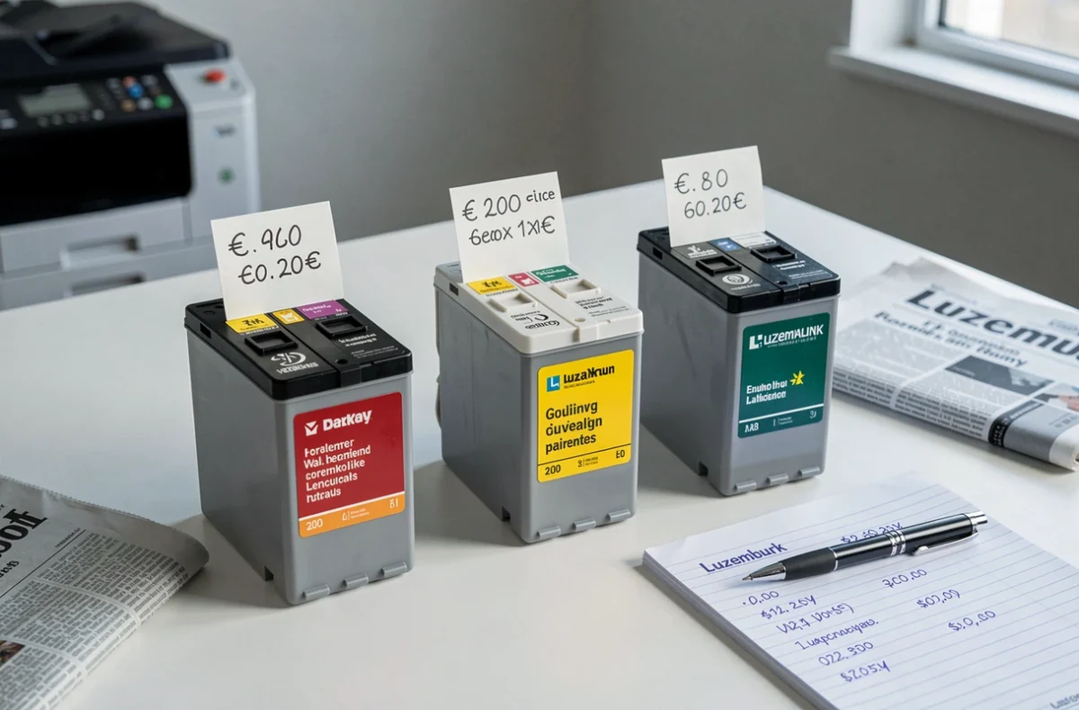 Comparaison de cartouches d'encre avec étiquettes de prix en euros posées sur un bureau au Luxembourg