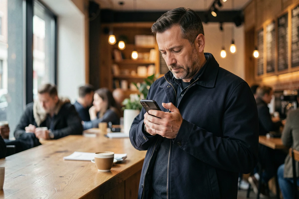 Homme consultant discrètement son smartphone dans un café urbain, illustrant les enjeux de la confidentialité numérique et de l'anonymat sur les réseaux sociaux