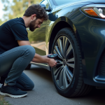Personne vérifiant la pression des pneus d'une voiture moderne en plein jour