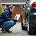 Homme vérifiant la pression des pneus de sa voiture