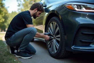 Personne vérifiant la pression des pneus d'une voiture moderne en plein jour
