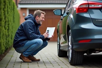 Homme vérifiant la pression des pneus de sa voiture