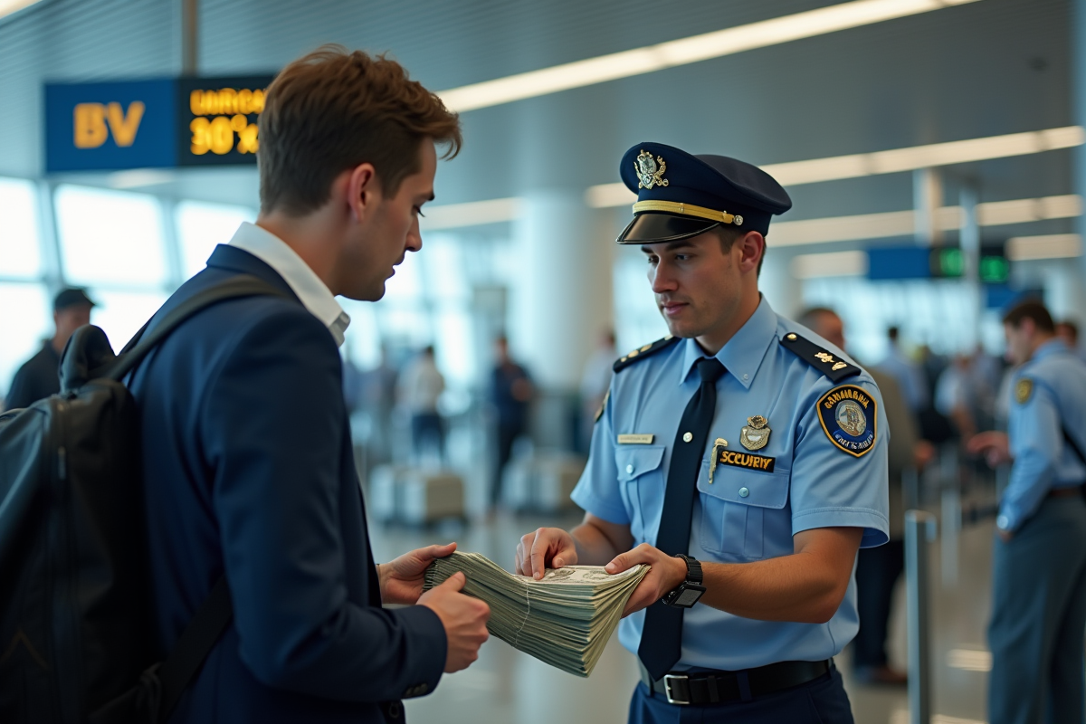 Agent de sécurité comptant des billets devant un passager à l