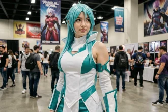 Cosplayeuse en costume de personnage d'anime style arrancar lors d'une convention manga