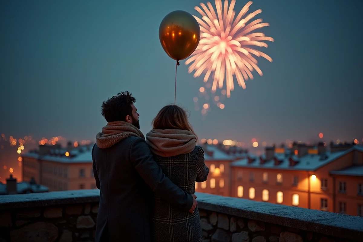 Couple lâchant un ballon doré depuis un rooftop lors des feux d'artifice du Nouvel An 2026 en ville