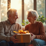 Couple heureux échangeant des cadeaux dans un salon lumineux