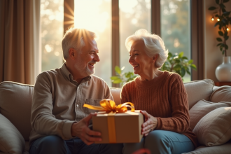 Couple heureux échangeant des cadeaux dans un salon lumineux
