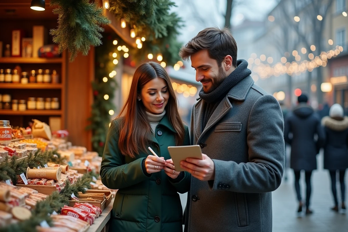Couple consultant une liste de courses au marché de Noël dominical, entouré de produits artisanaux et de décorations festives
