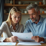 Couple d'adultes en réunion financière dans une cuisine moderne