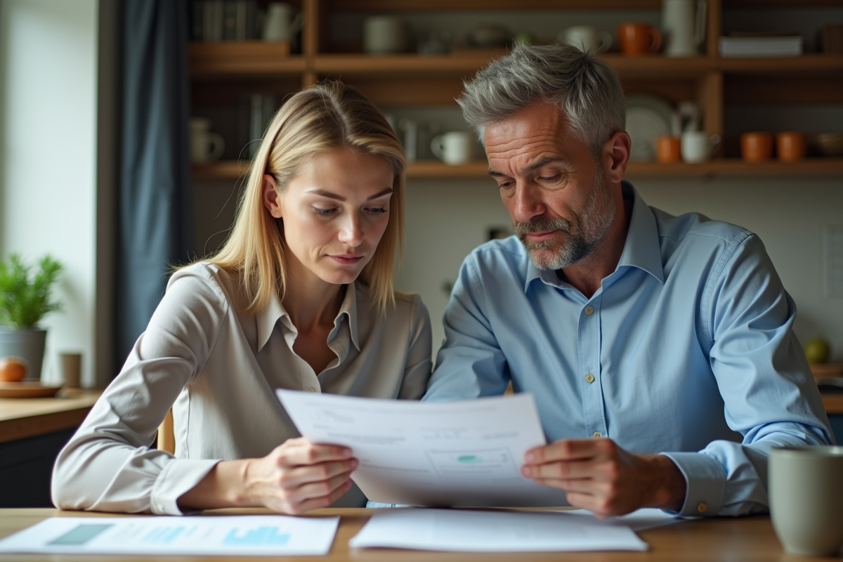 Couple d'adultes en réunion financière dans une cuisine moderne