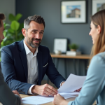 Courtier en prêt immobilier expliquant des documents à un couple