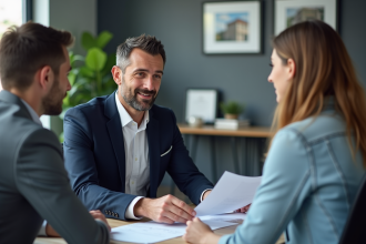 Courtier en prêt immobilier expliquant des documents à un couple