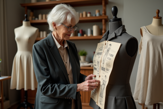 Designer mode agee examine un mannequin vintage dans son atelier