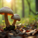 Personne cueillant un champignon non comestible dans la forêt