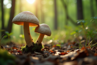 Personne cueillant un champignon non comestible dans la forêt