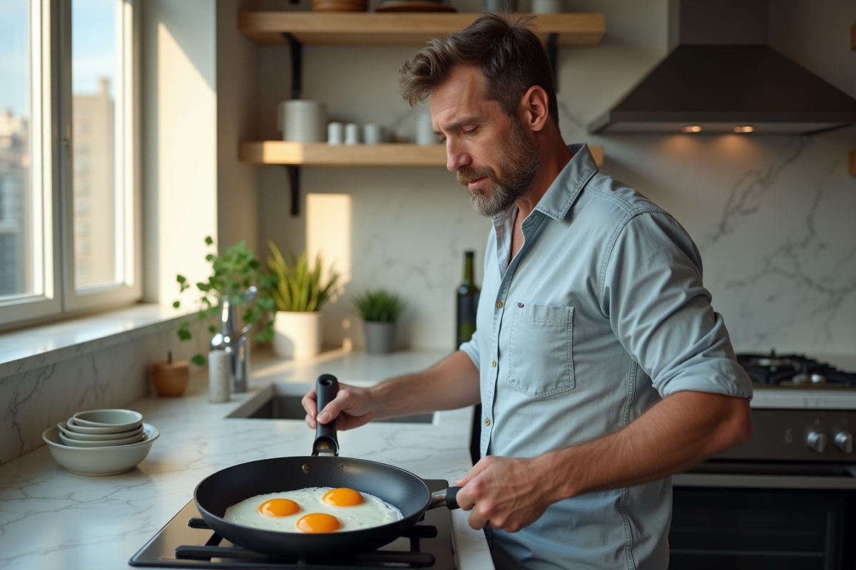 Homme d age cuisinant des oeufs dans une cuisine urbaine