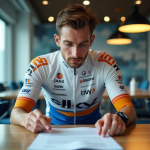 Cycliste professionnel regardant un contrat au bureau