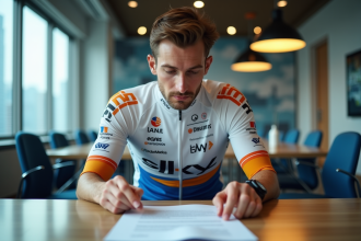 Cycliste professionnel regardant un contrat au bureau