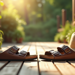 Terrasse en bois avec sandales Scholl et Birkenstock ambiance été