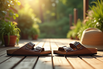 Terrasse en bois avec sandales Scholl et Birkenstock ambiance été