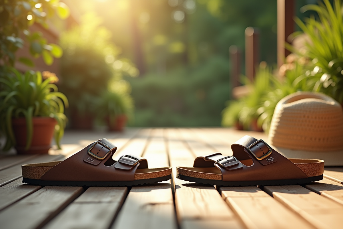 Terrasse en bois avec sandales Scholl et Birkenstock ambiance été