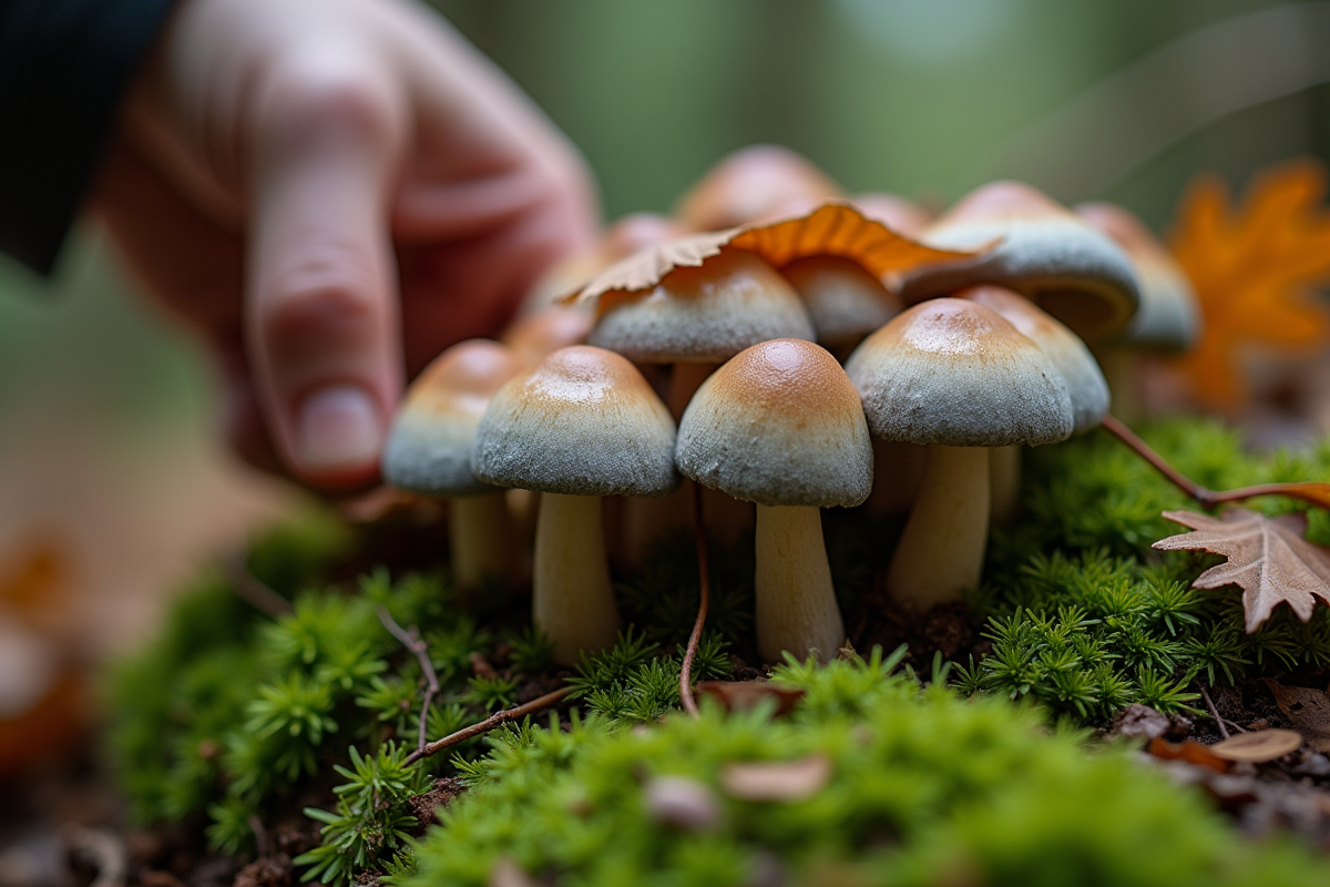 Main découvrant des chanterelles grises sur le sol forestier
