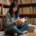 Jeune femme découvrant des mangas Epsilon dans une librairie indépendante entourée de volumes empilés
