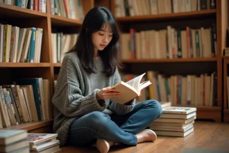 Jeune femme découvrant des mangas Epsilon dans une librairie indépendante entourée de volumes empilés