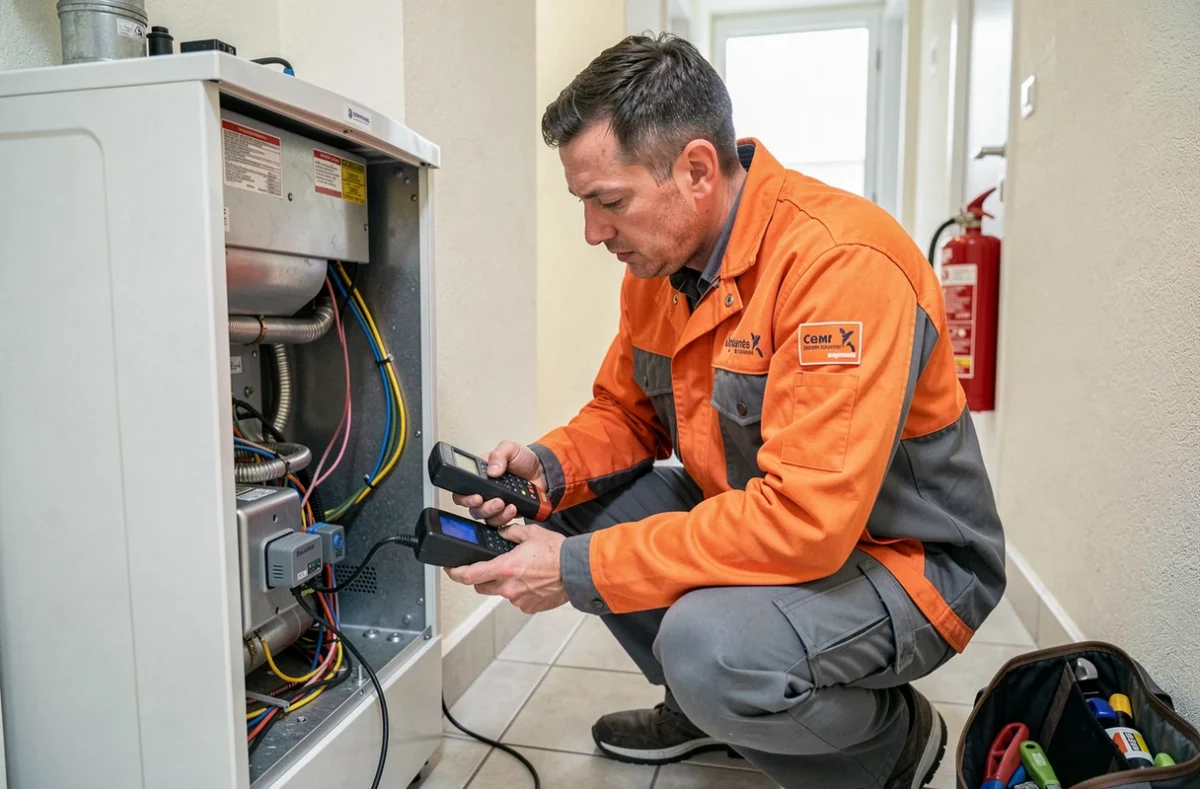 Technicien en dépannage chauffage intervenant sur une chaudière ouverte dans un appartement à Nantes pour Dépannage Chauffage Nantes