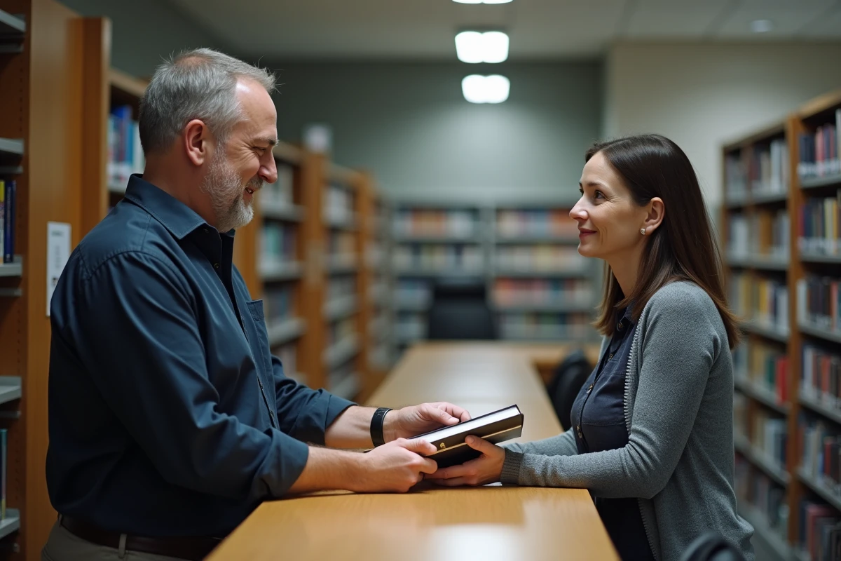 Auteur déposant un livre pour le dépôt légal auprès d'une bibliothécaire dans une bibliothèque municipale