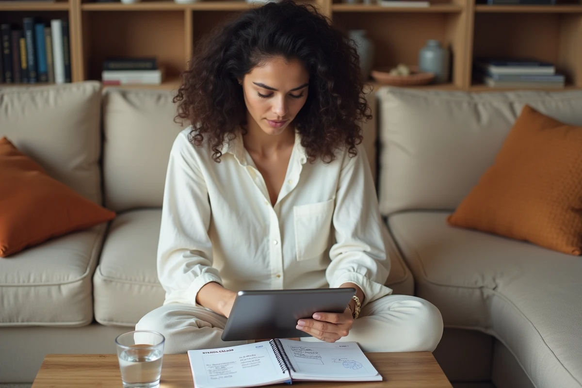 Jeune femme calculant une différence de dates sur une tablette avec un agenda papier annoté sur ses genoux