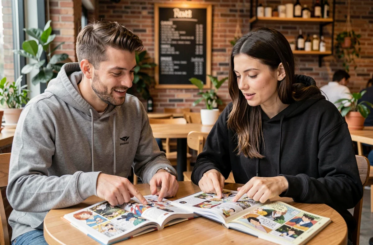 Deux adultes discutant des différences entre scan VF et version anglaise de manga autour de deux volumes ouverts dans un café urbain