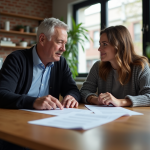 Homme et femme discutant autour de documents dans un appartement