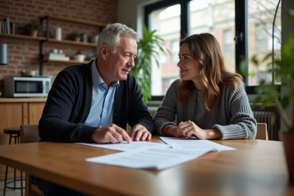 Homme et femme discutant autour de documents dans un appartement