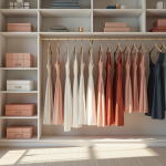 Garde-robe organisée avec robes par couleur et lumière naturelle