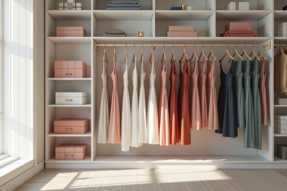 Garde-robe organisée avec robes par couleur et lumière naturelle