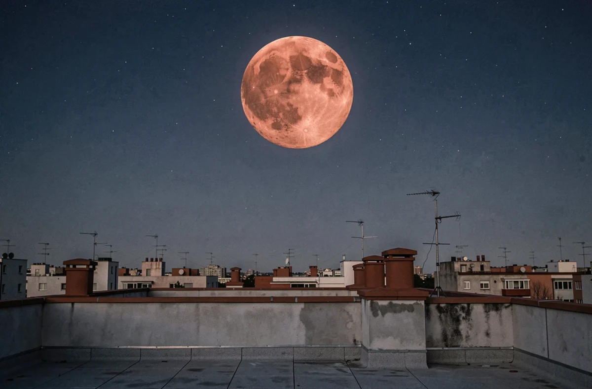 Éclipse lunaire totale à la lune rousse au-dessus de toits urbains avec ciel indigo étoilé