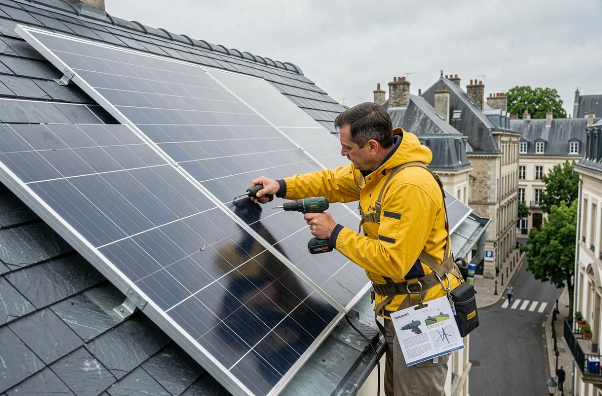 Spécialiste Energies Toitures posant des panneaux photovoltaïques sur un toit en ardoise d'une maison nantaise