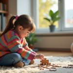Jeune fille de 6 ans joue avec un puzzle dans un salon chaleureux