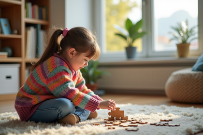 Jeune fille de 6 ans joue avec un puzzle dans un salon chaleureux