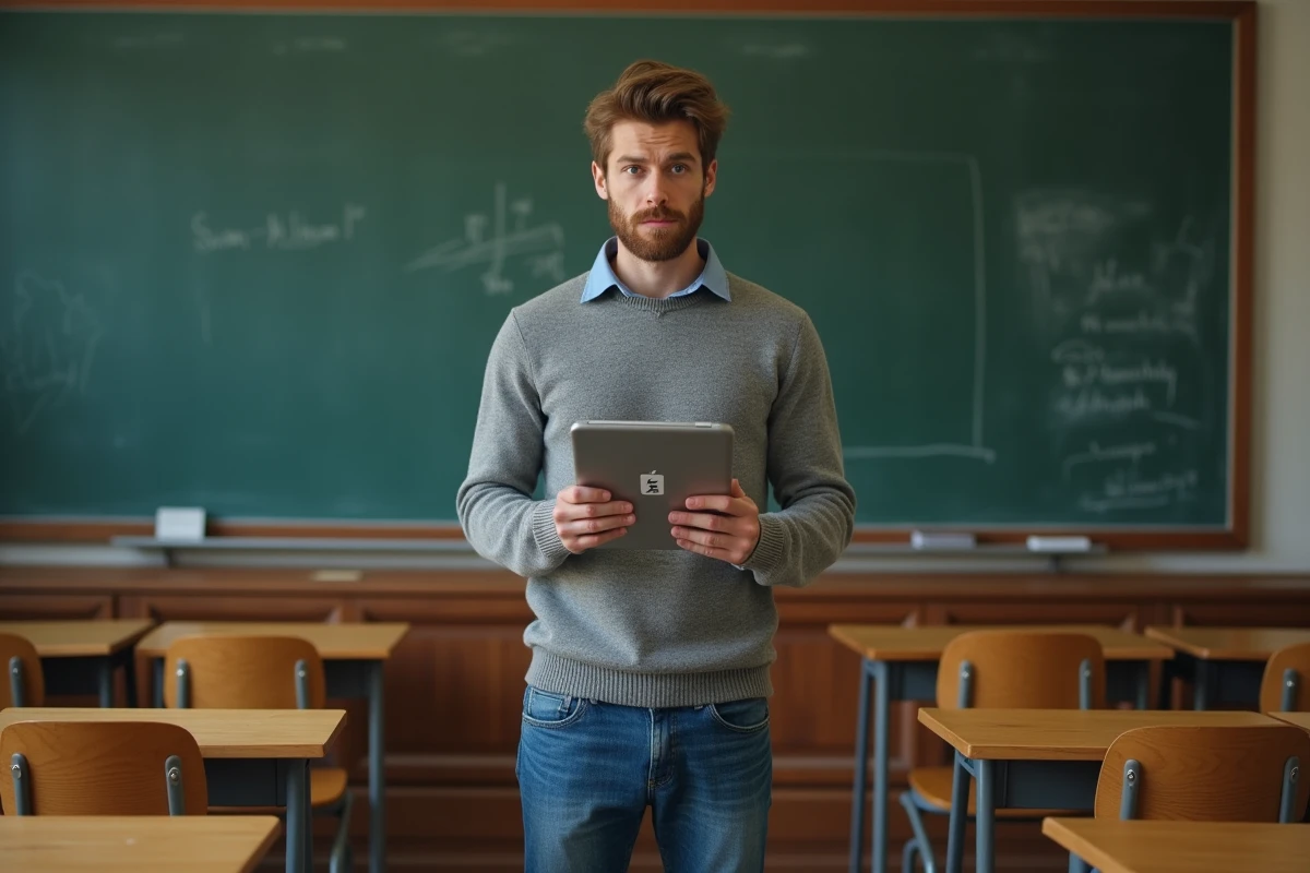 Jeune enseignant avec une tablette dans une salle de classe