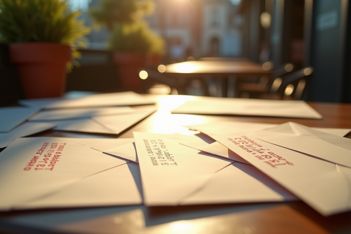 Enveloppes postales dispersées sur table de café ensoleillée