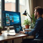 Espace de travail à domicile avec personne travaillant sur un ordinateur
