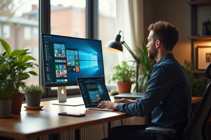Espace de travail à domicile avec personne travaillant sur un ordinateur