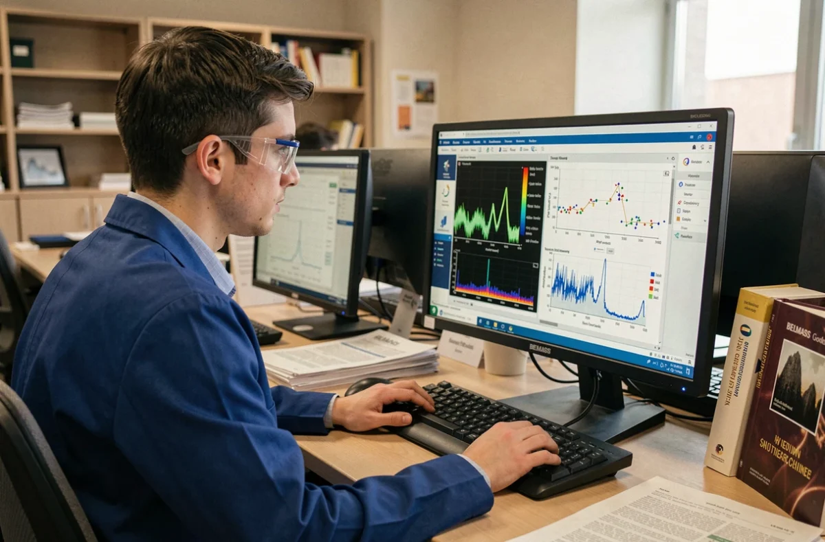 Étudiant en master analysant des données de spectrométrie de masse sur un logiciel pédagogique dans une salle informatique universitaire