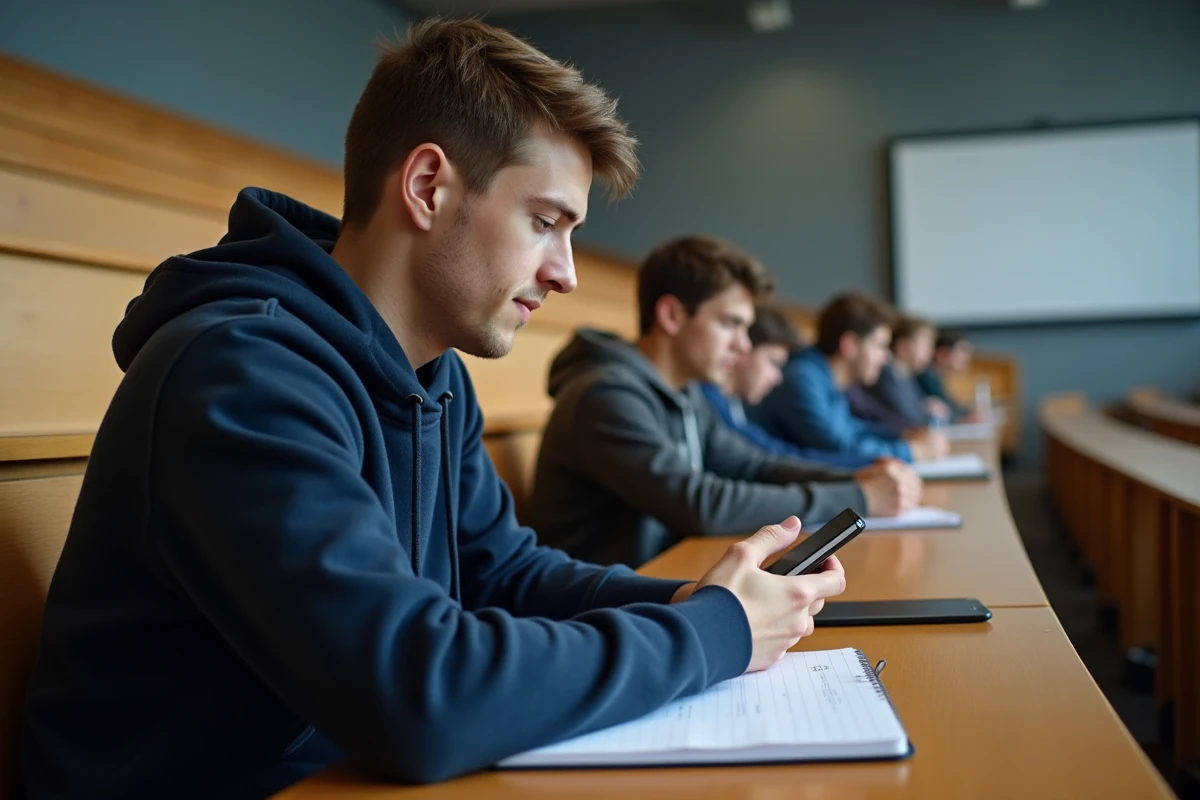 Étudiant utilisant une application de scan de documents discrètement en amphithéâtre pendant un cours